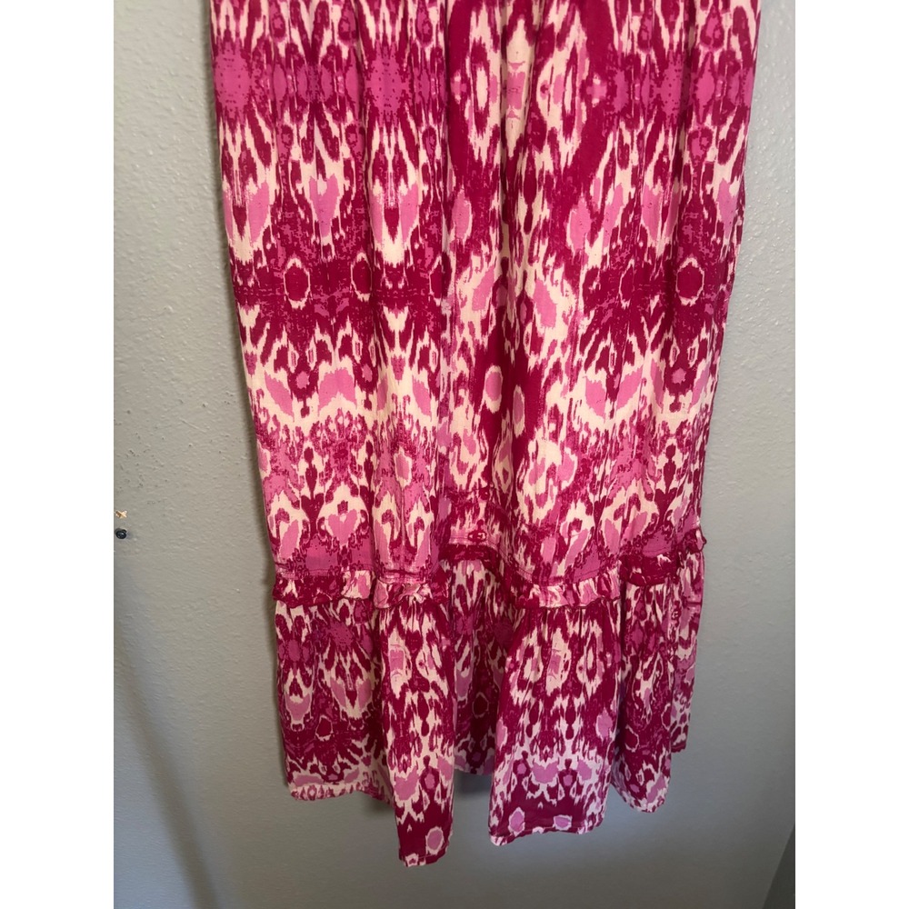 Ros's Garden Pink Ikat Cotton Ruffle Maxi Dress Sleeveless V-Neck XS Boho Tiered - Picture 8 of 9